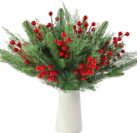 60 PCS Artificial Pine Branches Christmas Faux Pine Greenery Stems Red Holly Berries Fake Cedar Pine Needles Picks for Christmas Tree Wreath Garland  Holiday Home Decoration