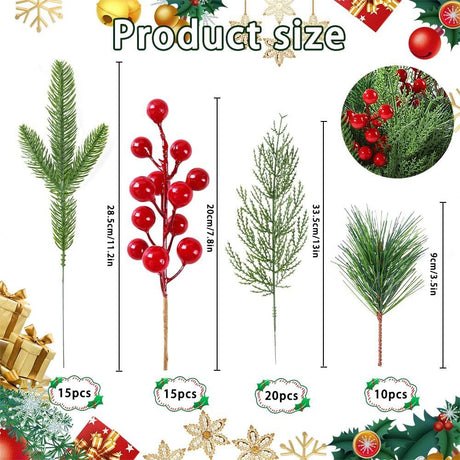 60 PCS Artificial Pine Branches Christmas Faux Pine Greenery Stems Red Holly Berries Fake Cedar Pine Needles Picks for Christmas Tree Wreath Garland  Holiday Home Decoration