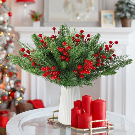 60 PCS Artificial Pine Branches Christmas Faux Pine Greenery Stems Red Holly Berries Fake Cedar Pine Needles Picks for Christmas Tree Wreath Garland  Holiday Home Decoration
