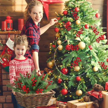 60 PCS Artificial Pine Branches Christmas Faux Pine Greenery Stems Red Holly Berries Fake Cedar Pine Needles Picks for Christmas Tree Wreath Garland  Holiday Home Decoration