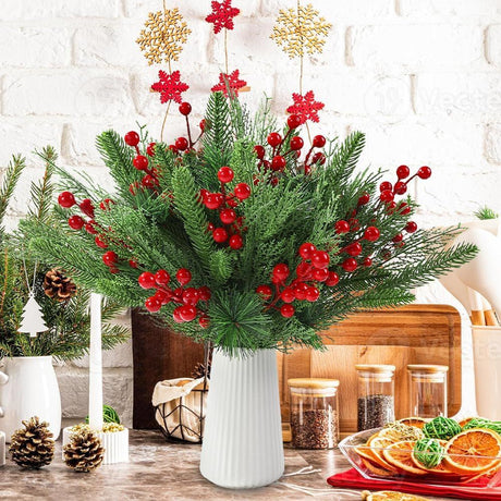 60 PCS Artificial Pine Branches Christmas Faux Pine Greenery Stems Red Holly Berries Fake Cedar Pine Needles Picks for Christmas Tree Wreath Garland  Holiday Home Decoration