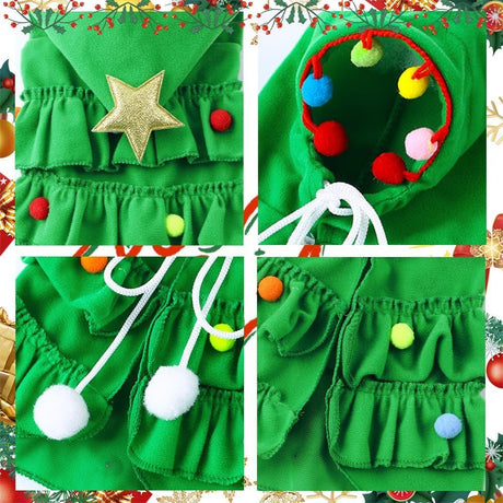 Cat Christmas Outfit Green Pet Cloak with Hat with Star and Pompoms Puppy Cape Clothes Xmas Tree Elf Costumes Party Pet Supplies Accessories for Small Dogs Cats Pet Santa Presents