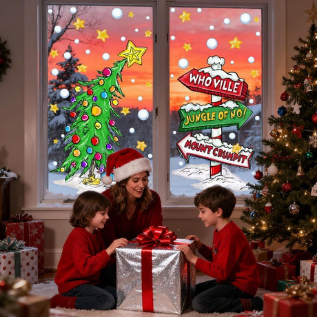 Christmas Window Clings Decorations,Extra Large Reusable Decals Rustic Curved Christmas Tree Arrow Yard Sign Stickers for Xmas Winter Holiday Home Office Party Glass Decor