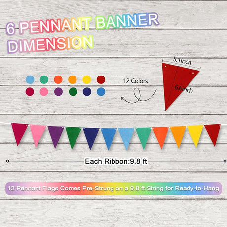 Pennant Banner Flags - 6-Pack Pre-Strung Rainbow Party Garland | Felt Triangle Bunting for Birthdays, Baby Showers, Weddings, Pride, Carnival and Festival Decorations