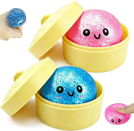 2PCS Mini Glitter Dumpling Squishy, 2026 Upgrade Dumling Mystery Box, Colorful Dumplings Stress Balls Fidget Sensory, Fidget Squeeze Toy for Holiday & Birthday Gifts (Blue+Pink)