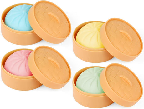 4 PCS Colorful Dumpling Stress Balls Fidget Sensory Toy,Squeeze Dough Ball Stress Relief Hand Toy,Bun with Food Steamer Stretchy Desk Toys