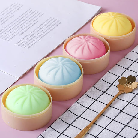 4 PCS Colorful Dumpling Stress Balls Fidget Sensory Toy,Squeeze Dough Ball Stress Relief Hand Toy,Bun with Food Steamer Stretchy Desk Toys