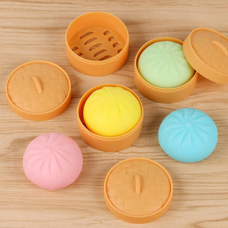 4 PCS Colorful Dumpling Stress Balls Fidget Sensory Toy,Squeeze Dough Ball Stress Relief Hand Toy,Bun with Food Steamer Stretchy Desk Toys
