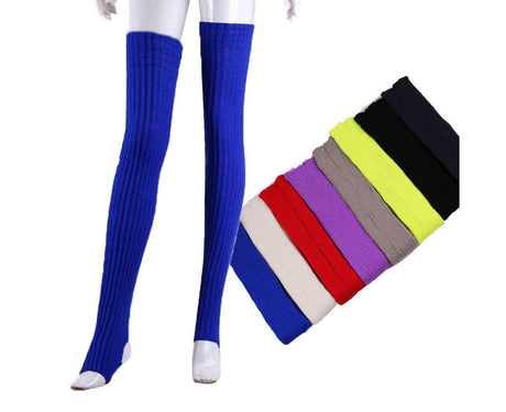 Women Elastic Solid Color Warm Thigh High Long Socks - Navy Blue