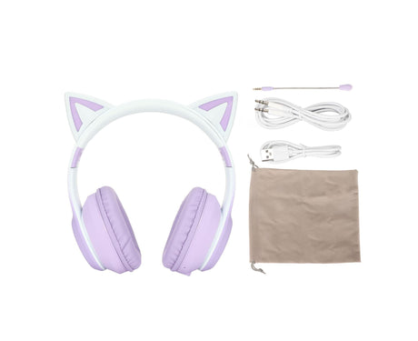 Cat Ear Bluetooth Gaming Headphones Wireless Foldable Music Headset with LED Light Detachable Microphone 3.5mm Cable Purple
