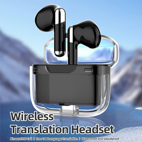 Language Translator Earbuds Bluetooth 5.3 Support 144 Languages Wireless Translator Earphone with Transparent Case Black