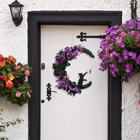 2pcs Halloween Moon Cat Garland with Rose, Black Cat Moon Wreath, Halloween Outdoor Decorations Variant Colour Value Multi
