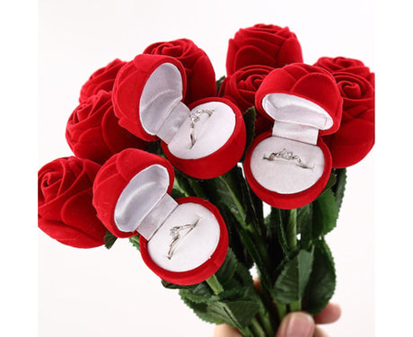 Beautiful Rose Shape Ring Box Romantic Decorative Fabric Ring Display Case Wedding Supplies - Red