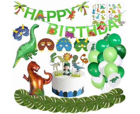 Dinosaur birthday Decoration set, happy birthday garland and large dinosaur foil balloons with cake topper