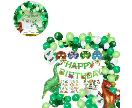 Dinosaur birthday Decoration set, happy birthday garland and large dinosaur foil balloons with cake topper