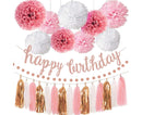Pink Rose Gold Birthday Party Decorations Set, Rose Gold Glittery Happy Birthday Banner, Tissue Paper Pom