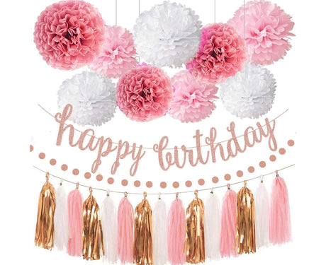 Pink Rose Gold Birthday Party Decorations Set, Rose Gold Glittery Happy Birthday Banner, Tissue Paper Pom