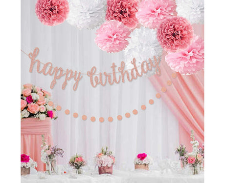 Pink Rose Gold Birthday Party Decorations Set, Rose Gold Glittery Happy Birthday Banner, Tissue Paper Pom