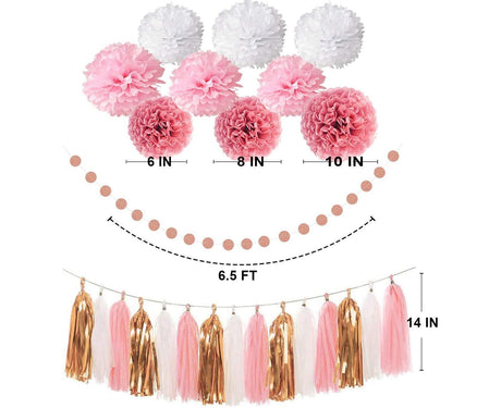 Pink Rose Gold Birthday Party Decorations Set, Rose Gold Glittery Happy Birthday Banner, Tissue Paper Pom