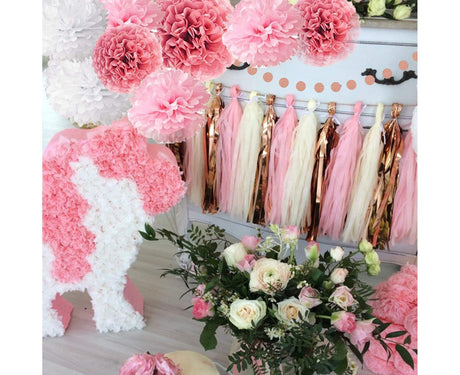 Pink Rose Gold Birthday Party Decorations Set, Rose Gold Glittery Happy Birthday Banner, Tissue Paper Pom