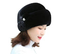 Winter Hat Faux Rabbit Fur Decor Thick Luxury Women Cap - Black