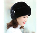 Winter Hat Faux Rabbit Fur Decor Thick Luxury Women Cap - Black