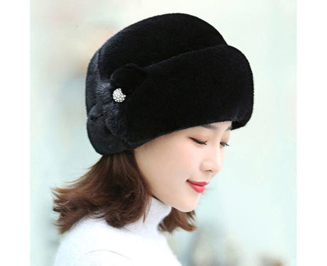 Winter Hat Faux Rabbit Fur Decor Thick Luxury Women Cap - Black