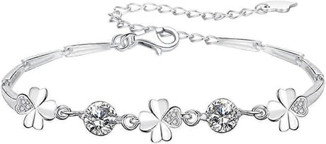Silver Bracelet for Women,Four-Leaf Clover Bracelet Shiny Crystal Diamond Adjustable Bracelet Mother's Day Jewelry Gift Birthday Christmas Gifts for Women