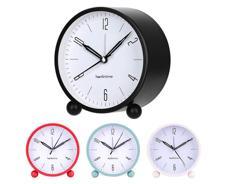 4inch Metal Round Alarm Clock Quiet Desktop Bedroom Battery Operated Timepiece - Black