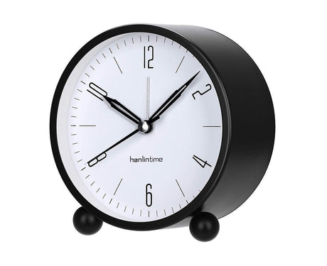 4inch Metal Round Alarm Clock Quiet Desktop Bedroom Battery Operated Timepiece - Black