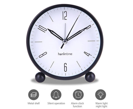 4inch Metal Round Alarm Clock Quiet Desktop Bedroom Battery Operated Timepiece - Black