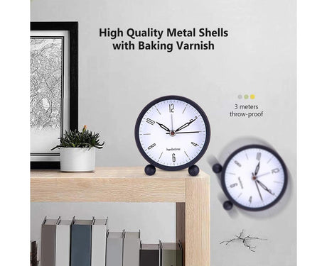4inch Metal Round Alarm Clock Quiet Desktop Bedroom Battery Operated Timepiece - Black