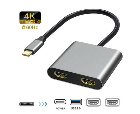 4 in1 Type C to Dual HDMI-compatible USB 3.0 4K Display Adapter Converter for MacBook Pro - Grey