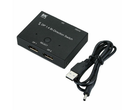 8K DP 1 In 2 Out Displayport Splitter Switch for HDTV Graphics Card Computer - Black