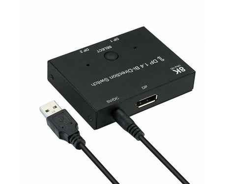 8K DP 1 In 2 Out Displayport Splitter Switch for HDTV Graphics Card Computer - Black