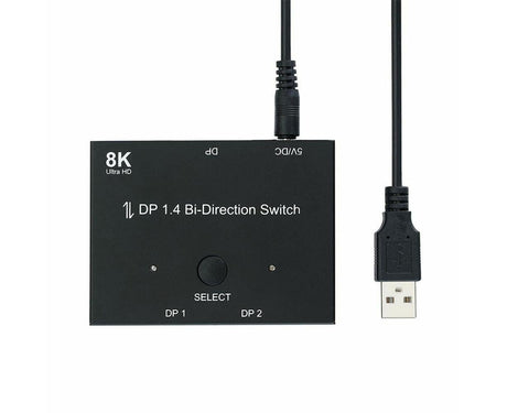 8K DP 1 In 2 Out Displayport Splitter Switch for HDTV Graphics Card Computer - Black