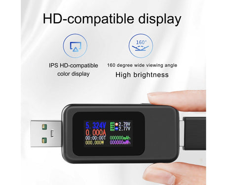 USB Tester LCD Digital Display Rapid Identification Plug And Play 160-Degree Wide Viewing Angle 65W/120W Charger Tester for Mobile Phone - Black