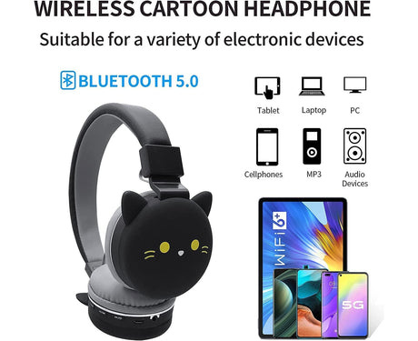 Cartoon Wireless Headphones - Stereo Sound - Cute Black Cat Headphones for babies