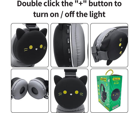 Cartoon Wireless Headphones - Stereo Sound - Cute Black Cat Headphones for babies