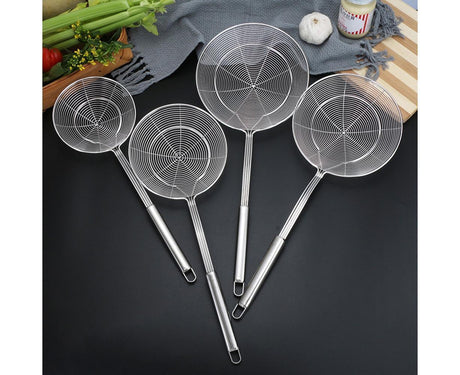 Long Handle Round Stainless Steel Colander Oil Filter Fried Food Grid Strainer-Silver 20