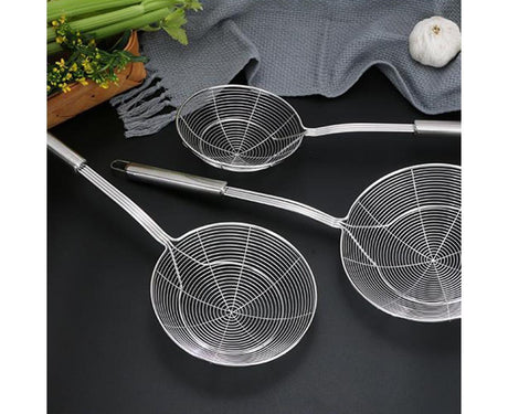 Long Handle Round Stainless Steel Colander Oil Filter Fried Food Grid Strainer-Silver 20