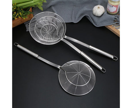 Long Handle Round Stainless Steel Colander Oil Filter Fried Food Grid Strainer-Silver 20