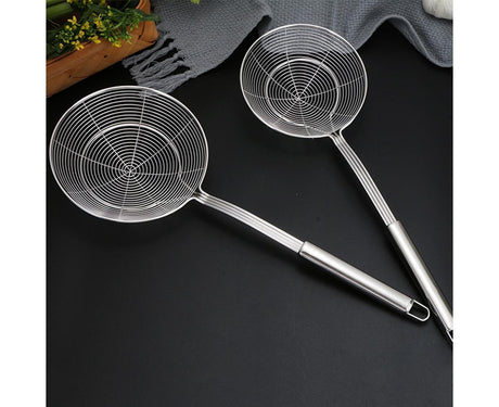 Long Handle Round Stainless Steel Colander Oil Filter Fried Food Grid Strainer-Silver 20