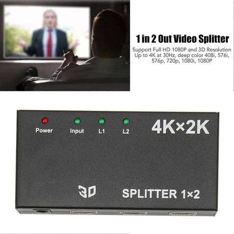 1 In 2 Out 4K HDMI Splitter with AC Adapter