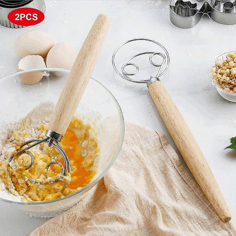 Set of 2 Bread Dough Whisks - Danish Dough Mixer Hand Stirrer
