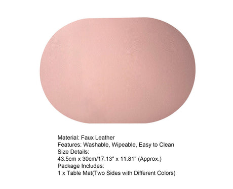 Table Mat Non-slip Wipeable Faux Leather Oval Shape Insulation Pad for Dining Room-Pink