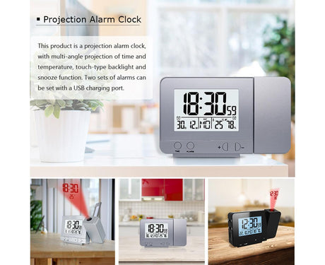 Desk Snooze LED Digital Backlight Date Function USB Charge Alarm Clock Projector-Silver - Silver