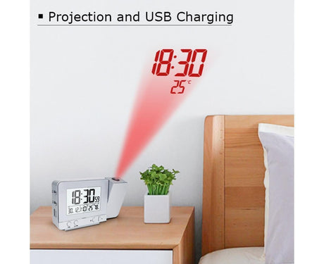 Desk Snooze LED Digital Backlight Date Function USB Charge Alarm Clock Projector-Silver - Silver