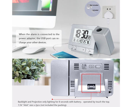 Desk Snooze LED Digital Backlight Date Function USB Charge Alarm Clock Projector-Silver - Silver