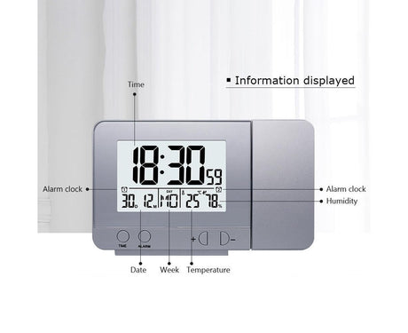 Desk Snooze LED Digital Backlight Date Function USB Charge Alarm Clock Projector-Silver - Silver